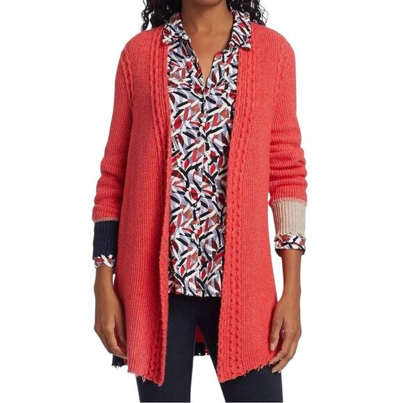 Nic + Zoe Cozy Cables Cardigan Open Front Soft Sweater Coral Navy Tan Size Large - Picture 1 of 12